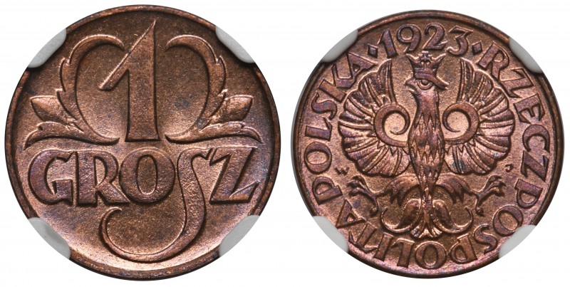 1 grosz 1923 - NGC MS66 RB

Wyśmienity, wyselekcjonowany egzemplarz. Kolor cze...