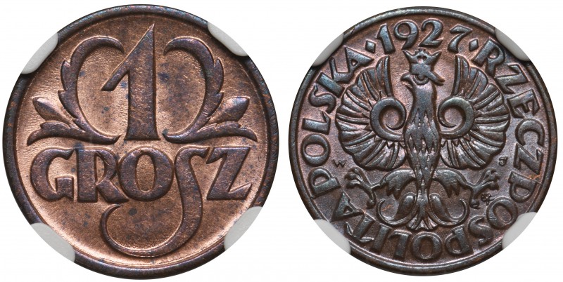 1 grosz 1927 - NGC MS65 RB

Menniczy egzemplarz z intensywnym połyskiem. Kolor...