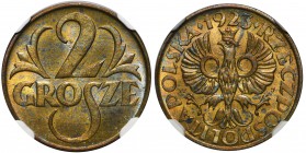 2 grosze 1923 - NGC MS64

Menniczy egzemplarz z połyskiem. Atrakcyjna nota od NGC. 
Poland
POLISH COINS The Second Republic Poland Polen Poland Po...