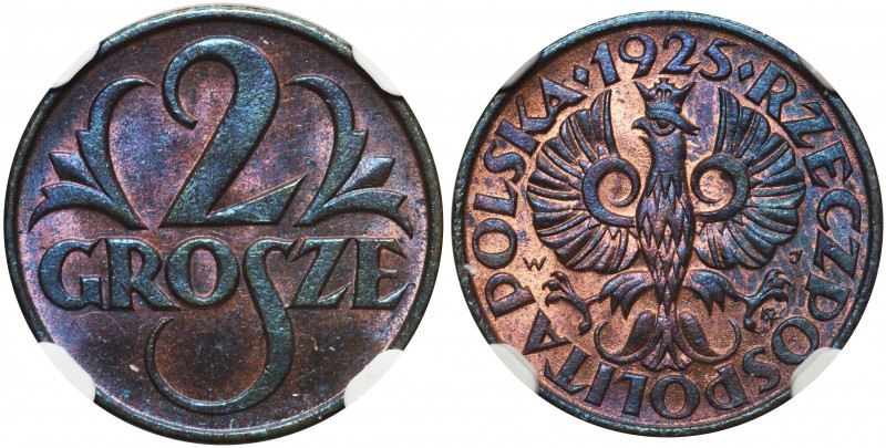 2 grosze 1925 - NGC MS64 BN

Menniczy egzemplarz z wyraźnym połyskiem. Kolor b...
