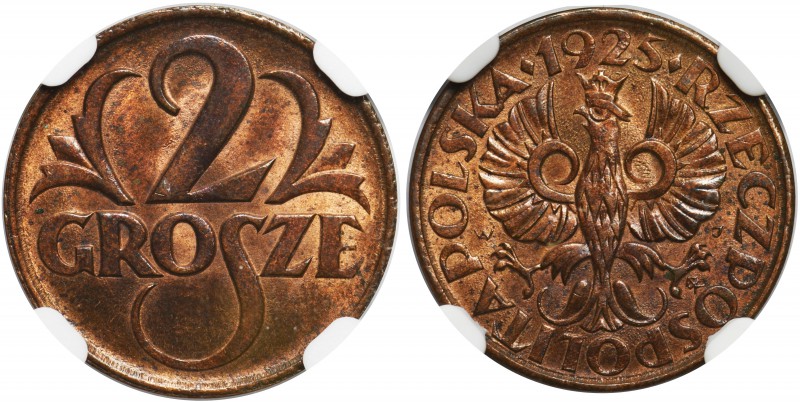 2 grosze 1925 - NGC MS64 RB

Menniczy egzemplarz z intensywnym połyskiem. Kolo...