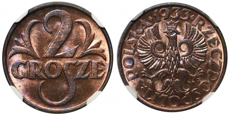 2 grosze 1933 - NGC MS65 RB

Wyjątkowej urody egzemplarz. Kolor czerwono-brązo...
