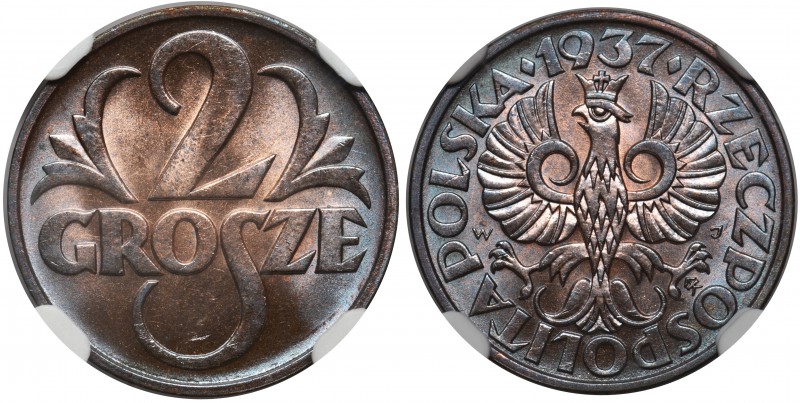 2 grosze 1937 - NGC MS65 RB

Menniczy egzemplarz z połyskiem. Kolor czerwono-b...