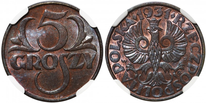 5 groszy 1931 - NGC MS65 BN

Pięknie zachowany egzemplarz z mocnym połyskiem. ...