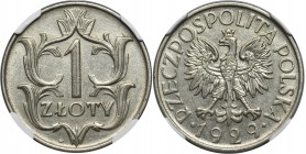 1 złoty 1929 - NGC AU58
Ładny egzemplarz. Nota adekwatna do stanu, choć nie raz widzieliśmy podobnie zachowane egzemplarze w niskim MS. POLISH COINS ...