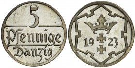 Wolne Miasto Gdańsk - 5 fenigów 1923 - stempel lustrzany

Bardzo rzadka moneta wybita stemplem lustrzanym. 
Pozycja do zaawansowanych zbiorów monet...