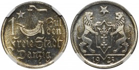 Wolne Miasto Gdańsk - 1 gulden 1923 NGC PF64 - stempel lustrzany

Bardzo rzadka moneta wybita stemplem lustrzanym.
Wyśmienite lustro podkreślone pi...