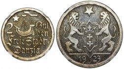 Wolne Miasto Gdańsk - 2 guldeny 1923 NGC PF63 - stempel lustrzany

Bardzo rzadka moneta wybita stemplem lustrzanym.
Lustro podkreślone piękną złotą...