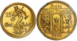 Wolne Miasto Gdańsk - 25 guldenów 1923 NGC PF63 - stempel lustrzany

Ogromnej rzadkości moneta wybita stemplem lustrzanym w śladowym nakładzie 200 s...
