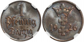 Wolne Miasto Gdańsk - 1 fenig 1926 NGC MS65 BN

Menniczy egzemplarz. Rzadki rocznik. Kolor brązowy. 
Najwyższa nota w rejestrze NGC. 
Danzig Polan...