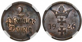 Wolne Miasto Gdańsk - 2 fenigi 1926 - NGC MS62 BN

Menniczy stan zachowania. Kolor brązowy, w zakamarkach przebijająca czerwień. 
Poland Germany Da...