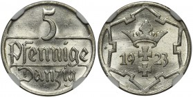 Wolne Miasto Gdańsk - 5 fenigów 1923 - NGC MS65

Menniczy egzemplarz z głębokim lustrem. 
Druga najwyższa nota w rejestrze NGC.
POLISH COINS Polan...