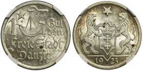 Wolne Miasto Gdańsk - 1 gulden 1923 - NGC MS61

Menniczy stan zachowania. 
Moneta o zdecydowanie ładniejszej prezencji niż sugeruje techniczna nota...