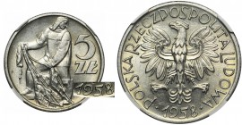 Rybak 5 złotych 1958 - wąska ósemka - NGC MS62

Rzadka moneta z okresu PRL. Pierwszy rocznik o niskim nakładzie, który naturalnie zużył się w obiegu...