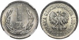 1 złoty 1971 - NGC MS64

Menniczy stan zachowania. 
POLISH COINS Poland Polen

Grade: NGC MS64
Literature: Parchimowicza 213h