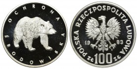 100 złotych 1983 - Ochrona Środowiska Niedźwiedź

Najrzadszy z tej emisji z nakładem 8.000 sztuk. 
Drobny nalot, prawdopodobnie do zdjęcia nad nied...