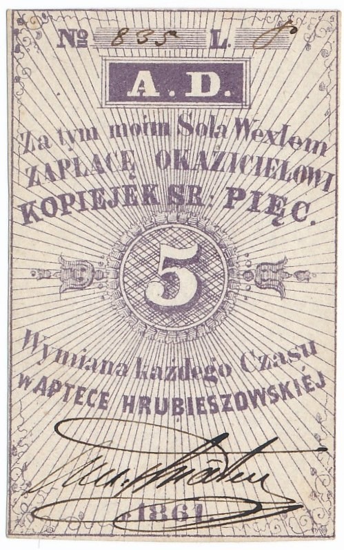 Apteka Hrubieszowska - 5 kopiejek srebrem 1861 z podpisem

Egzemplarz wydany z...