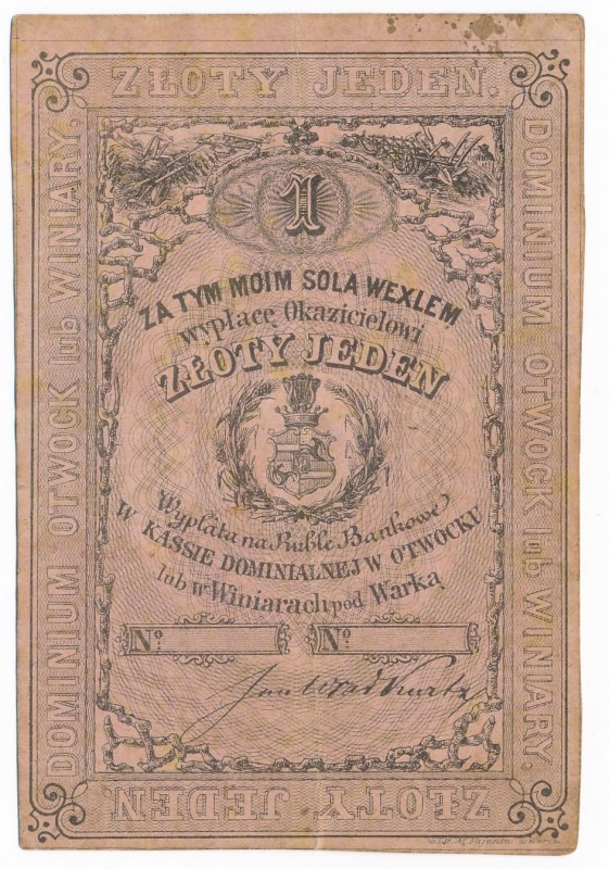 Otwock sola weksel na 1 złoty - Kasa Dominialna w Otwocku lub Winiarach pod Wark...