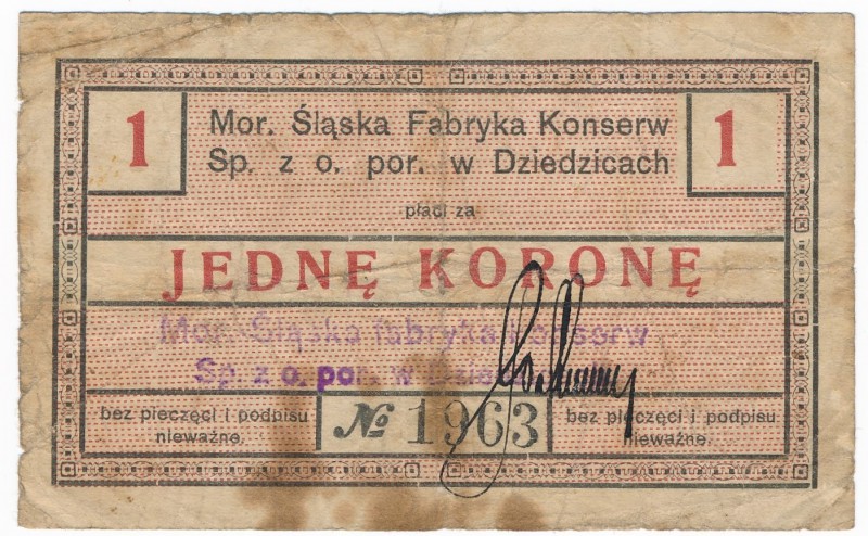 Dziedzice Mor. Śląska Fabryka Konserw 1 korona - bardzo rzadkie

Bardzo rzadki...