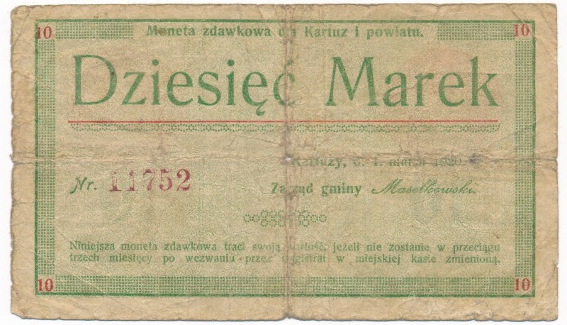 Kartuzy 10 marek 1920

Rzadszy wysoki nominał. 
Liczne ślady obiegu. Dziurka ...