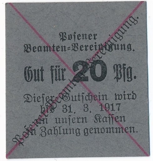Poznań/Posen - Posener Beamten-Vereinigung - 20 fenigów 1917

Wydany przez Poz...