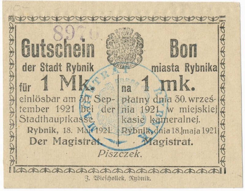 Rybnik - 1 marka 1921 z numeratorem - rzadki

Rzadki bon. Wariant z numeratore...