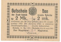 Rybnik - 2 marki 1921 bez numeratora - rzadki

Rzadki nominał. Odmiana bez naniesionego numeratora. 
Odciski po długotrwałym przechowywaniu w album...