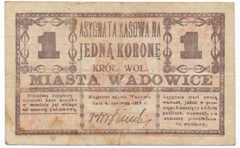 Wadowice - 1 korona 1919
Papier liniowany. NOTGELDS|Emergency Paper Money Polan...