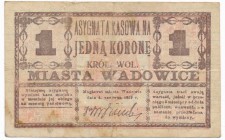 Wadowice - 1 korona 1919
Papier liniowany. NOTGELDS|Emergency Paper Money Poland Polen

Grade: VF
Literature: Podczaski G-406.1b