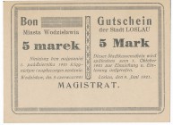 Wodzisław - 5 marek 1921 - rzadki

Bardzo rzadki bon dwujęzyczny. 
NOTGELDS|Emergency Paper Money Poland Polen

Grade: UNC-