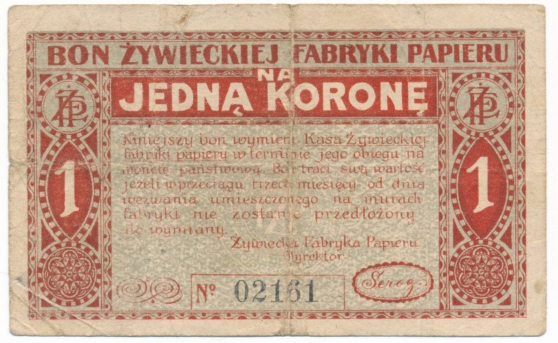 Żywiec - Fabryka Papieru 1 korona (1919)

Dziurka po szpilce. Liczne ślady obi...