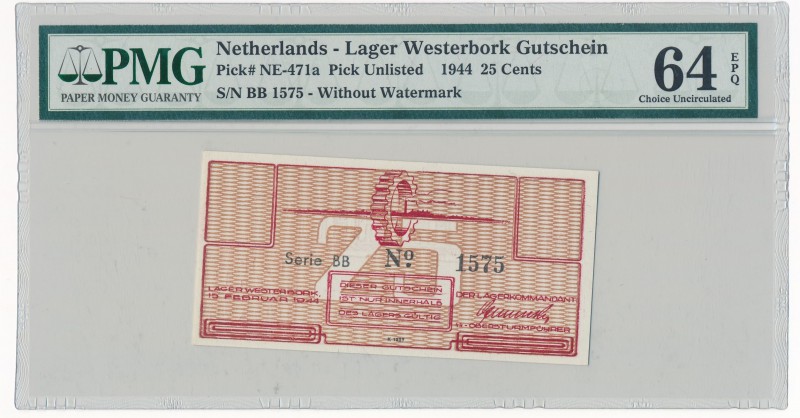 Westerbork Lager - Netherlands - 25 cents 1944 - PMG 64 EPQ
Obóz Westerbork - H...