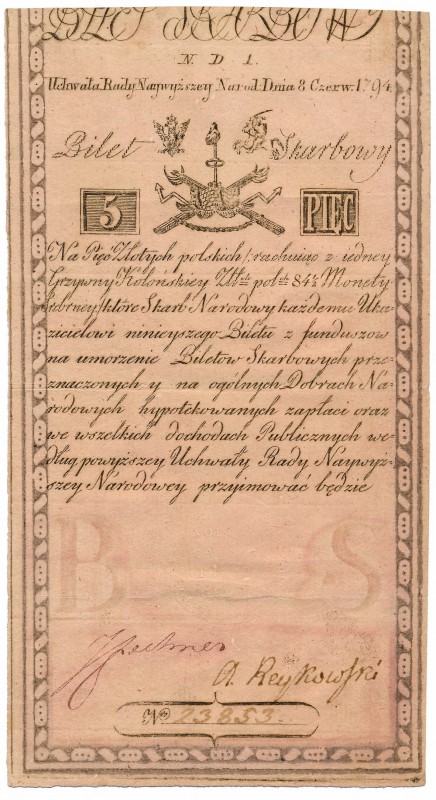 5 złotych 1794 -N.D.1- ładne

Bardzo ładnie zachowany. Dwukrotnie złamany pozi...