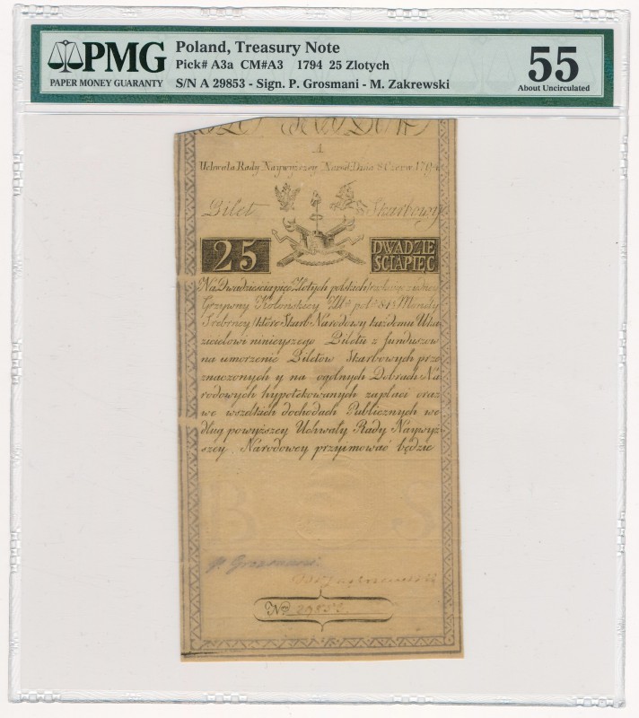 25 złotych 1794 -A- PMG 55

Pierwsza seria A.
Bez ugięć czy złamań w polu. Ba...
