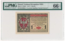 1 marka 1916 Generał -B- PMG 66 EPQ

Banknot kiedyś dość powszechny, obecnie rzadko notowany w prawdziwie emisyjnych stanach zachowania. 
Znakomita...