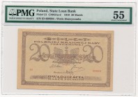 20 marek 1919 -ID- PMG 55

Banknot trudny w stanie emisyjnym. 
Bez ugięć czy złamań przez pole, ale z wyraźną nieświeżością prawej krawędzi wraz ze...