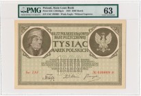 1.000 marek 1919 - Ser. ZAF - PMG 63

Odmiana na papierze ze znakiem wodnym 'orły', gładkim w kolorze białym. Kiedyś mocno ceniona, z racji na jej t...