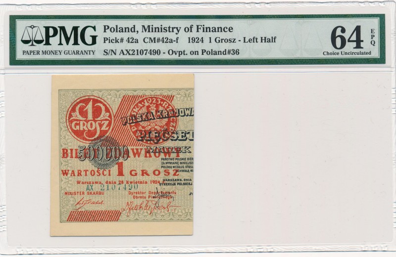 1 grosz 1924 -AX- lewa połówka - PMG 64 EPQ

Emisyjny stan zachowania. 
Polan...