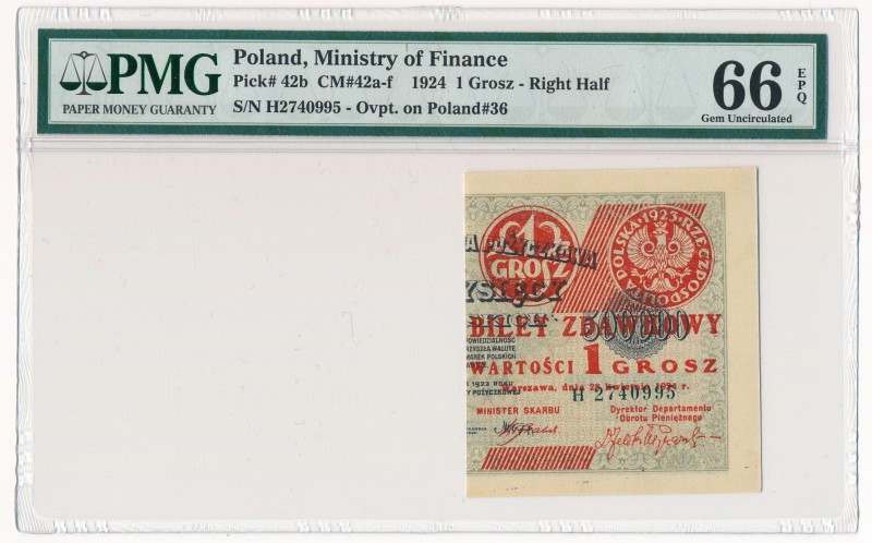 1 grosz 1924 -H- prawa połówka - PMG 66 EPQ

Rzadka odmiana z literką H w seri...