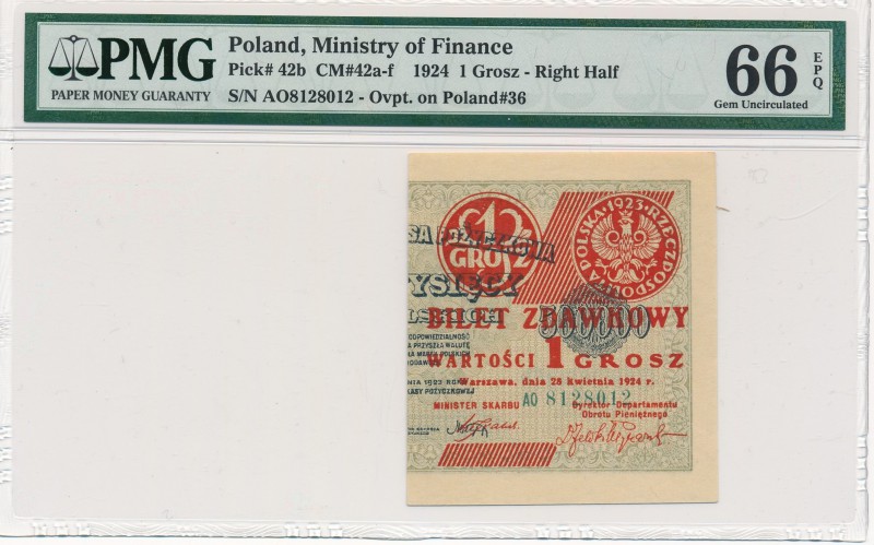 1 grosz 1924 -AO- prawa połówka - PMG 66 EPQ

Wyśmienity egzemplarz z zachowan...