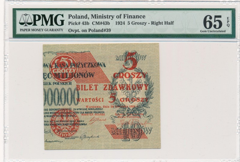 5 groszy 1924 - prawa połówka - PMG 65 EPQ

Stained on back. Upper right corne...