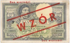 500 złotych 1919 - nieoryginalny nadruk WZÓR

Banknot z nieoryginalnym nadrukiem WZÓR. Prawdopodobnie tzw. Wzór Kamińskiego. 
Wielokrotnie złamany ...