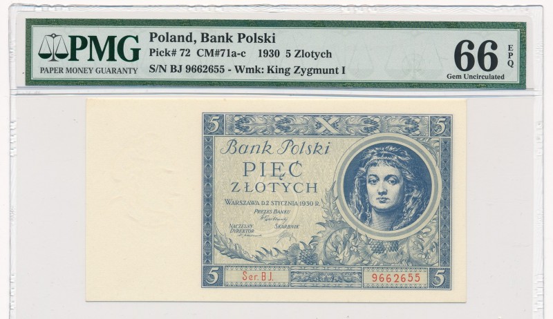 5 złotych 1930 Ser.BJ. - PMG 66 EPQ

Odmiana dwuliterowa bez kropki między lit...