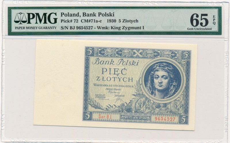 5 złotych 1930 Ser.BJ. - PMG 65 EPQ

Odmiana dwuliterowa bez kropki między lit...