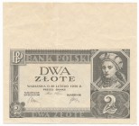 2 złote 1936 z szerokim górnym marginesem

Egzemplarz bez poddruku i bez serii oraz numeracji, ale z szerokim górnym marginesem. Wycięty z górnej cz...