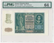 50 złotych 1940 -A- PMG 64

Jeden z rzadszych banknotów okupacyjnych. Pierwsza seria A. 
Kolorystyka rozjaśniona. Technicznie stan emisyjny. 
POLA...
