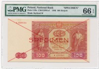 100 złotych 1946 SPECIMEN -A- PMG 66 EPQ

Odmiana z ukośnymi przekreślaniami oraz nadrukiem Specimen w kolorze czerwonym. 
Doskonale zachowany egze...