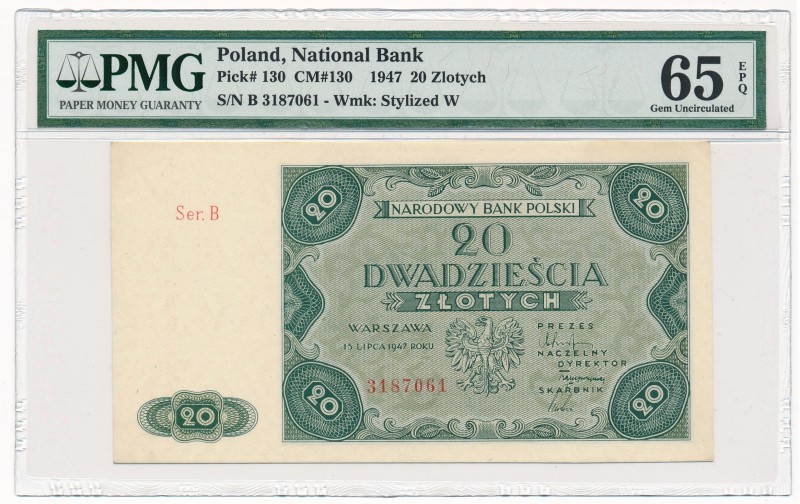 20 złotych 1947 -B- PMG 65 EPQ

Delikatnie przyczernione końcówki górnych naro...