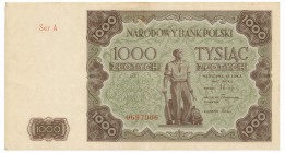 1.000 złotych 1947 -A-

Poszukiwana, rzadsza pierwsza seria A. 
Złamany łukowo przez środek. Drobne zagniecenie w polu. Nieświeżość lewej krawędzi,...