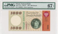 1.000 złotych 1965 -L- PMG 67 EPQ

Trudniejsza w stanach emisyjnych, seria nie pochodząca z zapasów bankowych. 
Doskonały stan zachowania, potwierd...